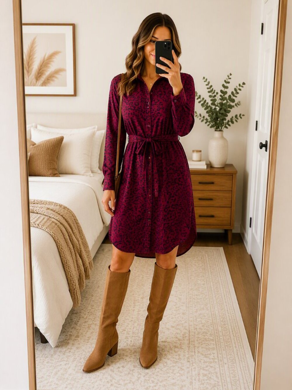 ✨ A New Day Leopard Print Shirt Dress | Burgundy Wine & Black | Tie Waist | Med